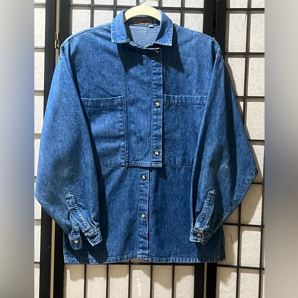 WOMENS RUFF HEWN Dark Blue Denim Button-Up BIB Shirt Jacket SIZE S